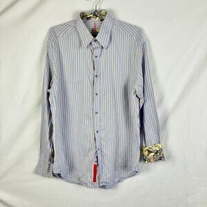 Robert Graham Blue Yellow Stripe Button Down L Paisley Print Cuff Long Sleeve